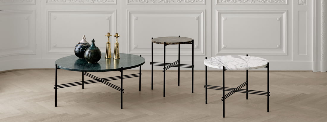 The TS coffee table from Gubi available in different heights with table tops in different sizes, which can be wonderfully combined with each other.