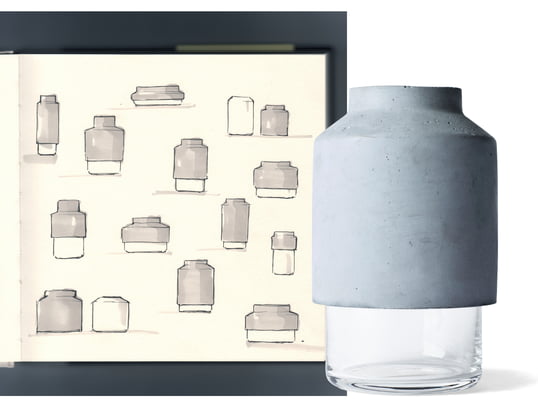 The contrast of rough concrete and clear glass also shows that the Willmann vase from Menu was made of a special combination of materials with is typical for the designs of the German Hanne Willmann.