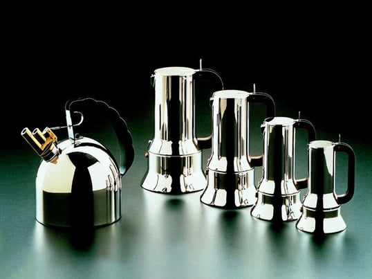 The elegant espresso maker by Alessi enthuses with its distinctive design and the variety of sizes. A matching kettle with a polished stainless steel finish is also available.