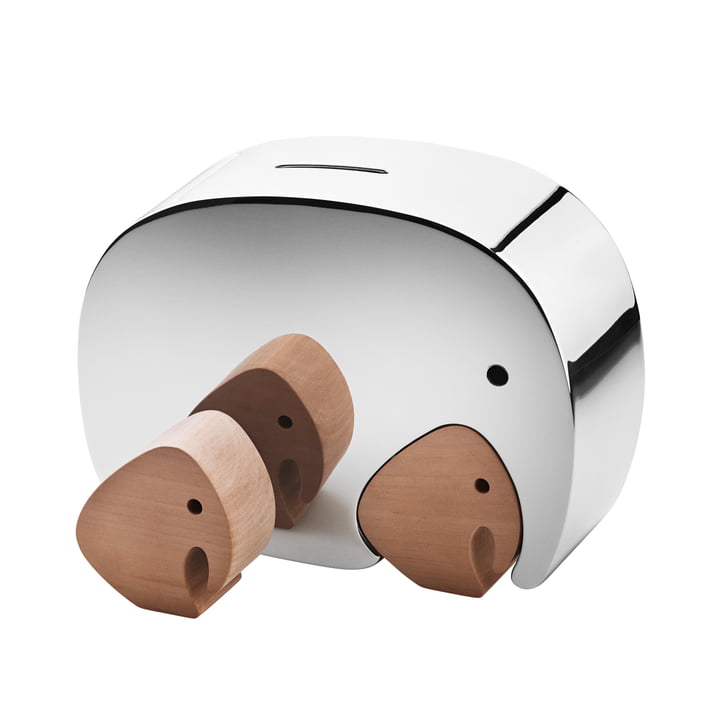 Moneyphant oak wood with twins stainless steel money box from Georg Jensen