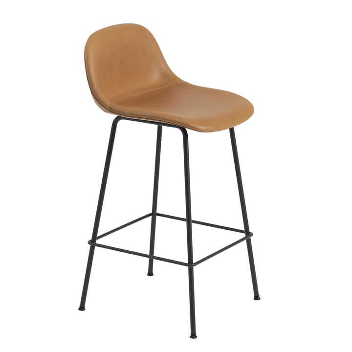 Fiber Bar Stool with Backrest / Metal Base H65 by Muuto in Black / Cognac Leather