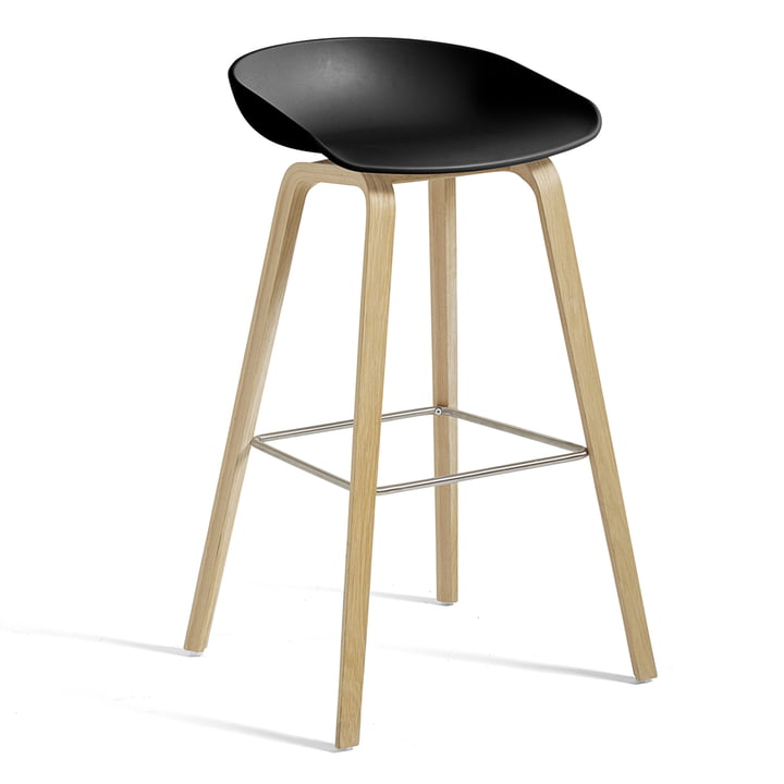 Hay - About A Stool AAS 32, oak frame (matt lacquered), stainless steel footrest / black seat shell H85, plastic glides