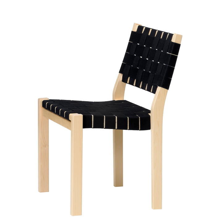 Chair 611 by Artek in birch clear varnished / linen straps black