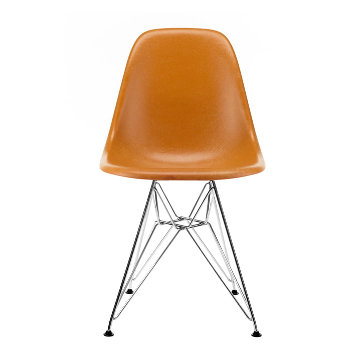 Eames Fiberglass Side Chair DSR from Vitra in chrome / Eames ochre dark