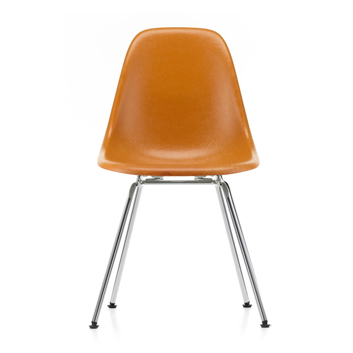Eames Fiberglass Side Chair DSX by Vitra in chromed / Eames ochre dark
