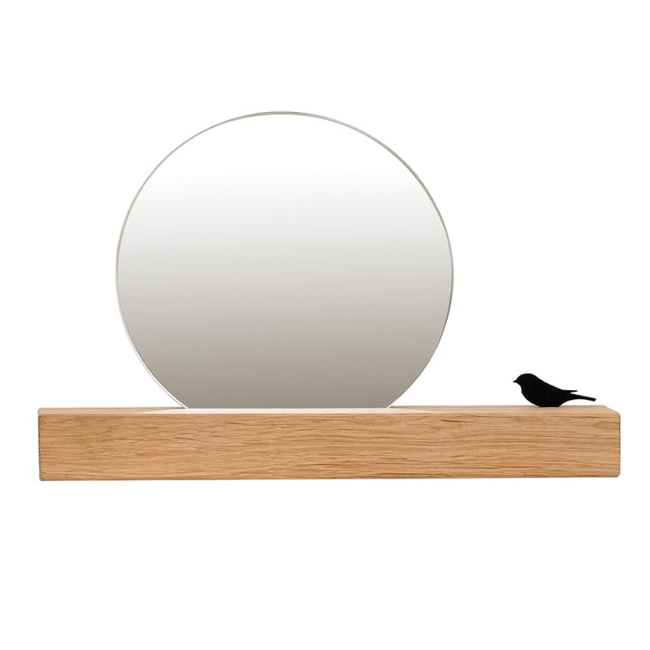 Mirror with bird Ø 25 cm, natural oak of room design