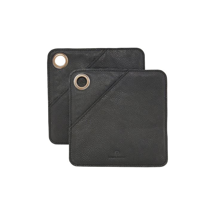 Square Leather Potholder, black (set of 2) by House Doctor