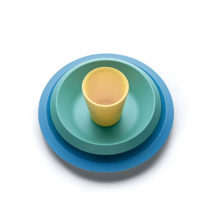 The Giro Kids S2 children's tableware, blue / green / yellow (3-piece) from Alessi