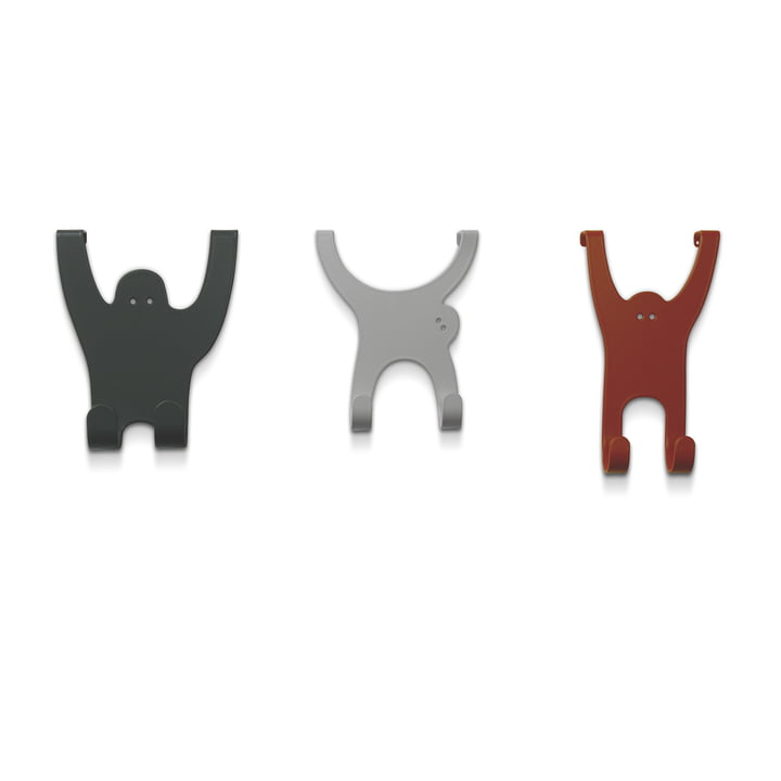 The vonbox monkey hooks in grey brown, silk grey and copper red (set of 3)
