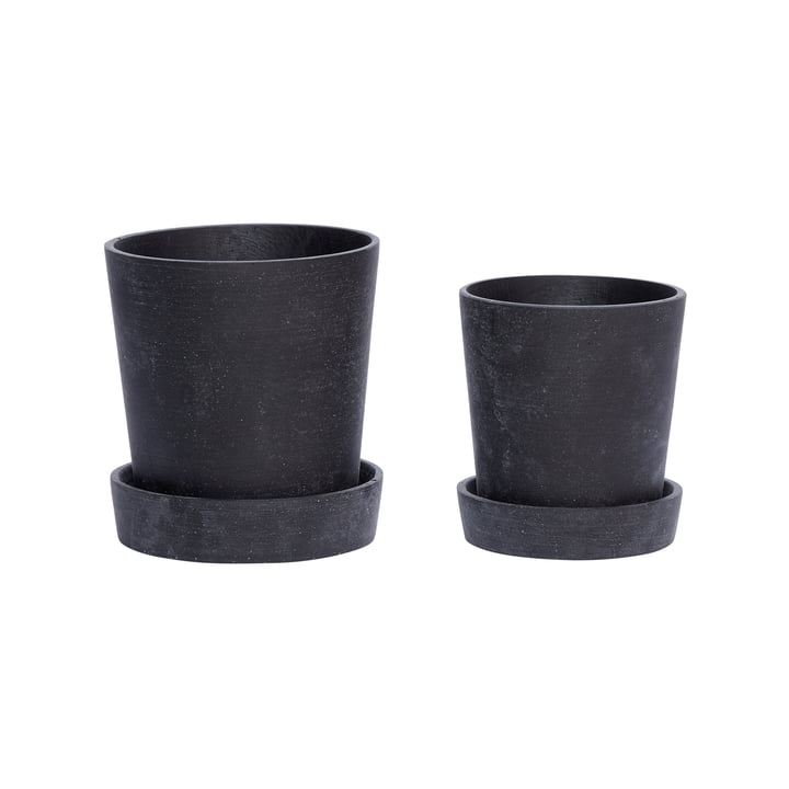 Plant pot with saucer set of 2, black, small by Hübsch Interior