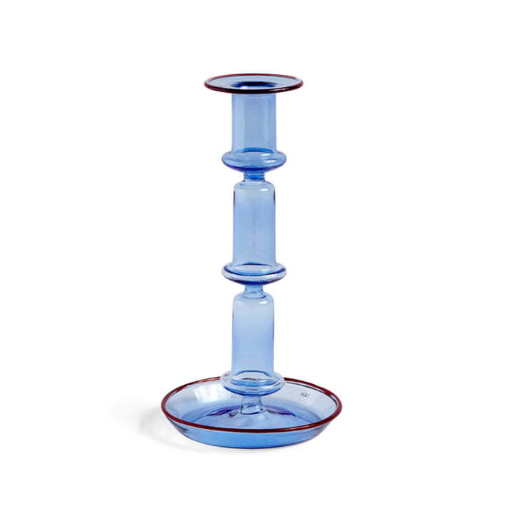 Flare Candlestick, h 21 cm, light blue / red by Hay