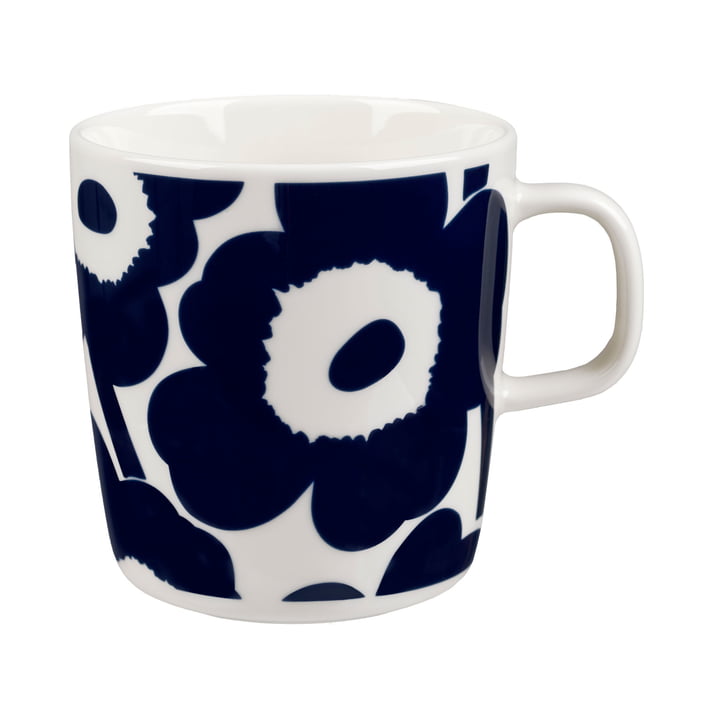Oiva Unikko Mug with handle, 400 ml, white / dark blue by Marimekko
