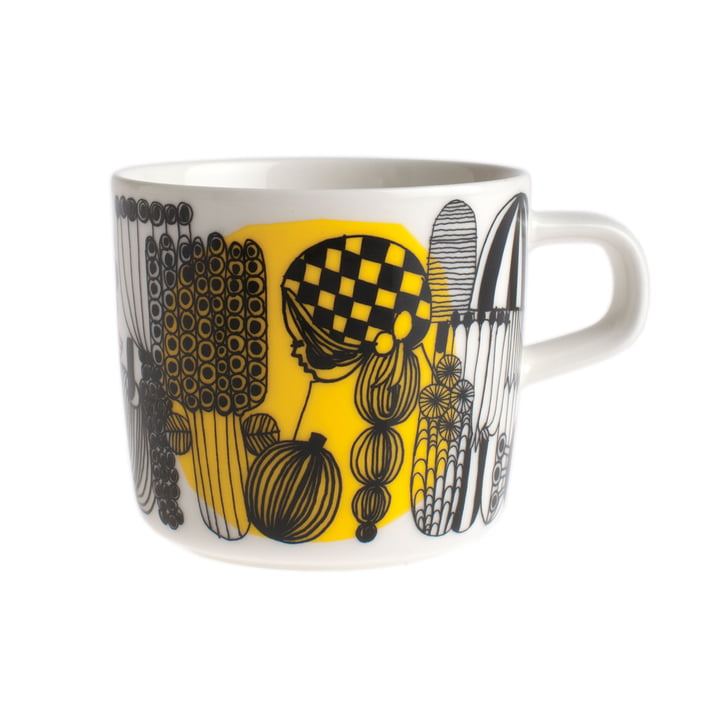 Oiva Siirtolapuutarha Mug with handle 200 ml, white / black / yellow by Marimekko