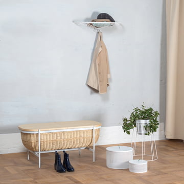 The OK Design - Willow bench, white with Cibele flower stand and pinna shelf