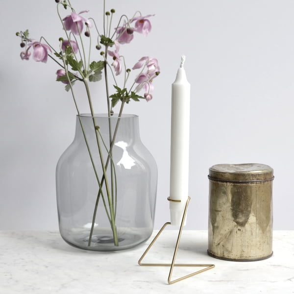 Candlestick by Moebe in brass next to flower vase and box