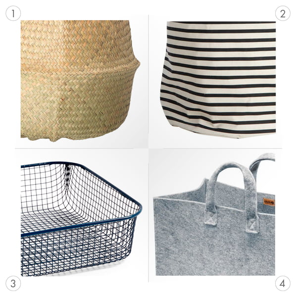Storage baskets made of fabric, felt, seaweed or metal